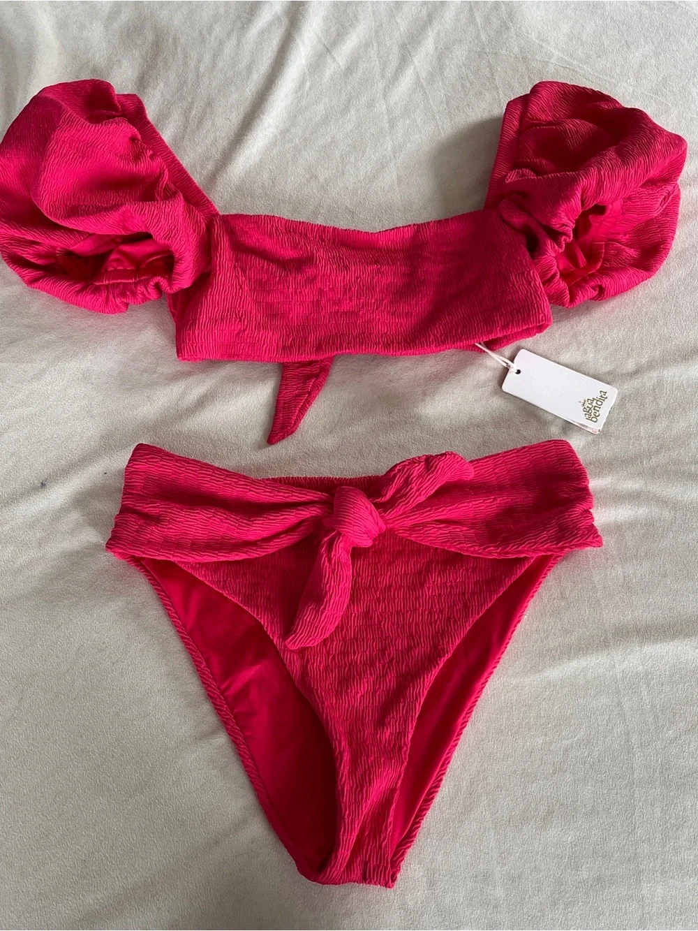 Agua Bendita 'Calista/Isabella' 2-PC Textured Bikini Set, Bright Rose L NWT